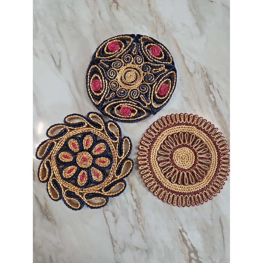 3 Vintage 60's Pot Holder Boho Woven Rattan Wicker Straw Trivet Hot Pads